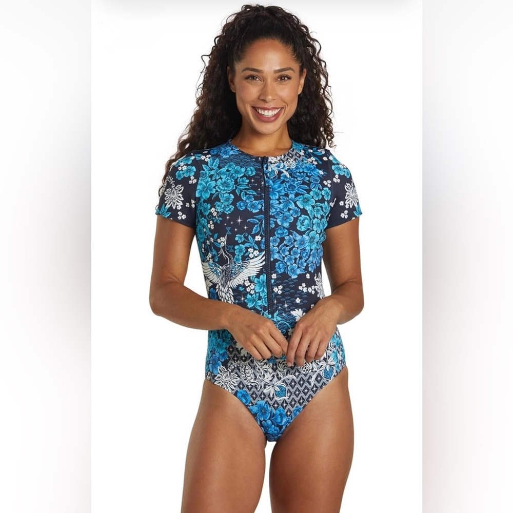 Johnny Was Neoprene One-Piece Swimsuit Blue and White Floral Bird Pattern Small